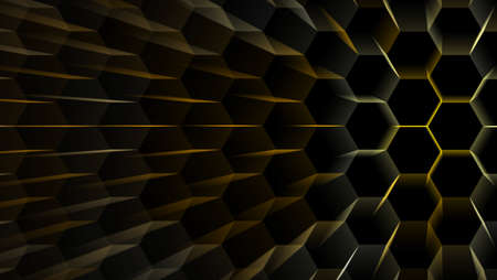 digital hexagon dimension moving wire protection light burst and center,  Abstract hexagon futuristic texture background pattern on black isolatedの写真素材