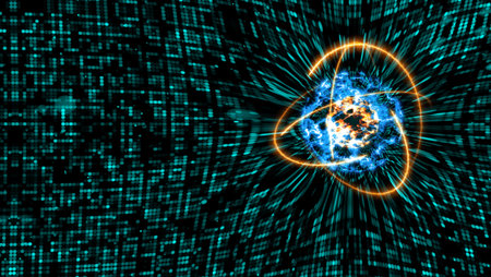 quantum light blue core and futuristic computer animation abstract background with infinity of...