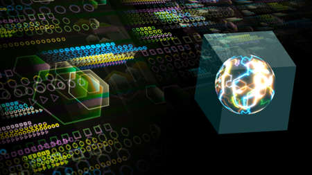 Quantum computer in the cube futuristic technology digital dimension holographic process and analysis for big data and abstract polygon backgroundの写真素材