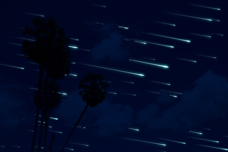 meteor rain on the night sky dark cloud and silhouette coconut treeの写真素材