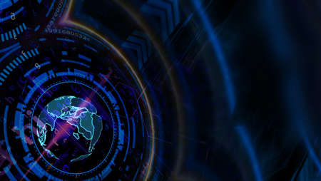 Quantum futuristic technology computer with digital hexagon and red blue laser animation cover and...