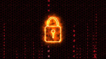 Quantum cryptography security technology lock hexagon wire and matrix animation red theme