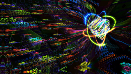 quantum light blue core and futuristic computer animation abstract background with infinity of...