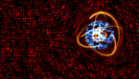 quantum light red core and futuristic computer animation abstract background with infinity of orange energy atom movingの写真素材