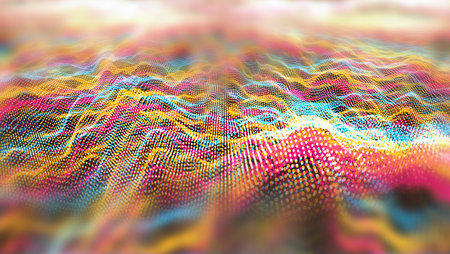 Futuristic abstract line red yellow aqua element balls waveform oscillation, visualization wave technology digital surface with particles stars1の写真素材