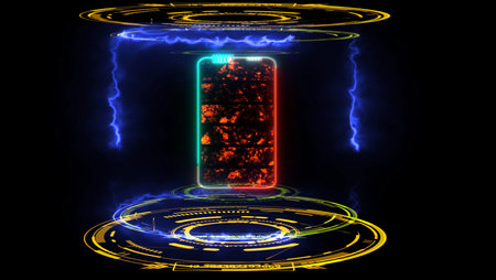 Solid state powerful battery in digital laboratory border  loop energy and fast charge full 100 percentの写真素材
