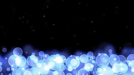 Circle bubles glow blue random size with white stars on the black isolated backgroundの写真素材