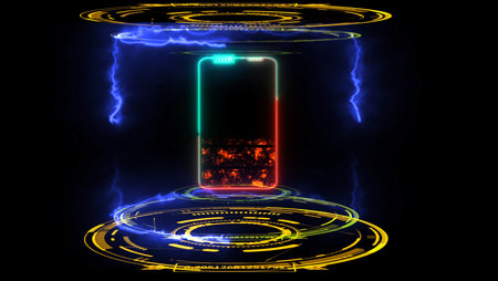 Solid state powerful battery in digital laboratory border  loop energy and fast charging full quarterの写真素材