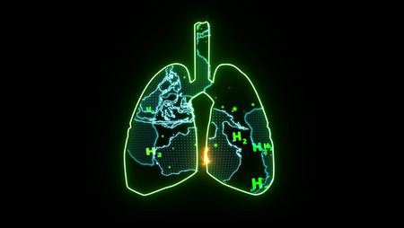 global and particle green hydrogen flying inside lung green digital animation with energy of lifeの写真素材