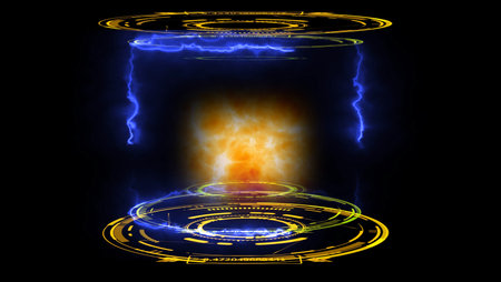 Nuclear fusion engine simulation of atomic collision to begin release mass power in digital laboratory on the black isolatedの写真素材