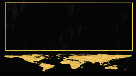 Global world map luxury gold on black marble for show pedestal scenes dark backgroundの写真素材
