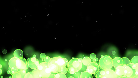 Circle bubles glow green random size with white stars on the black isolatedの写真素材