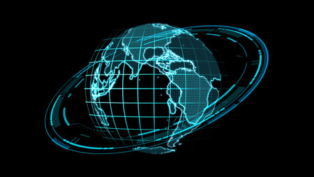 global grid network wireless connection simulation on monitor digital technology station ringの写真素材