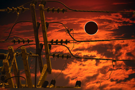 eclipse on the dark red sunset sky and transparent cloud over power electric ploe