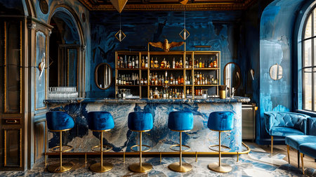 This stunning bar interior features a rich blue color palette, gold accents, and a stylish seating area, creating a luxurious and inviting atmosphere.の素材