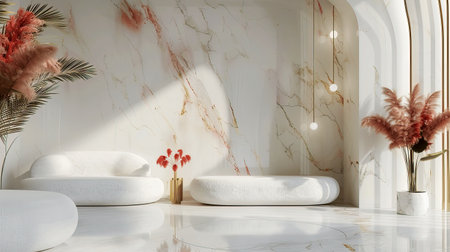 A beautifully designed minimalist living room featuring soft white furniture, elegant marble walls, and artistic decor, creating a serene and inviting atmosphere.の素材