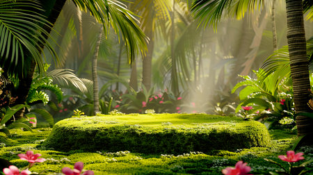 Explore a stunning jungle scene filled with vibrant flora, sunlight, and tranquility. Perfect for projects focusing on nature, biodiversity, and peaceful landscapes.の素材