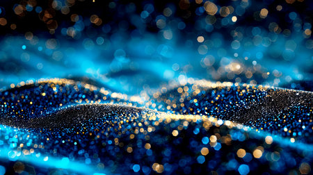 Abstract blue and gold glitter background with shimmering bokeh lights. Perfect for festive, celebratory, or glamorous designs.の素材