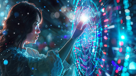 A woman interacts with a futuristic touch screen interface, surrounded by glowing holographic elements and vibrant digital displays.の素材