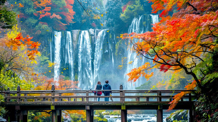 A couple stands on a bridge, admiring a beautiful waterfall surrounded by vibrant autumn foliage in a serene natural setting.の素材