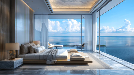 Luxurious bedroom overlooking serene ocean view, featuring contemporary design, natural light, and calming color palette.の素材