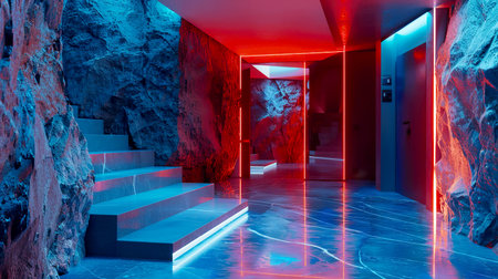 A visually striking hallway featuring neon lights in vibrant blue and red against rocky textures, creating a modern and luxurious atmosphere.の素材