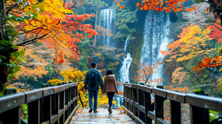 Couple walking on a wooden bridge surrounded by vibrant autumn foliage and cascading waterfalls in the background.の素材