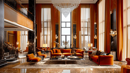 Discover a stunning luxurious living room featuring a magnificent crystal chandelier, rich orange accents, elegant furniture, and large windows that flood the space with light.の素材