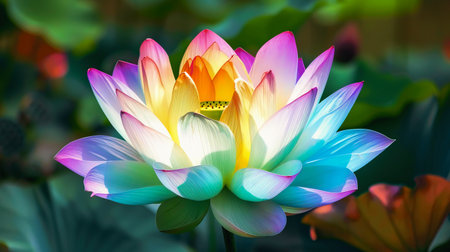 A vibrant, multicolored lotus flower in full bloom, showcasing its delicate petals in a tranquil natural setting.の素材