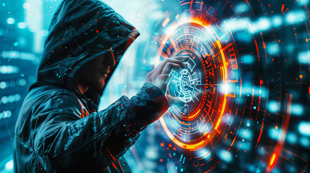 Hacker in dark hoodie interacting with futuristic digital hologram interface, representing cybersecurity and technology concepts.の素材