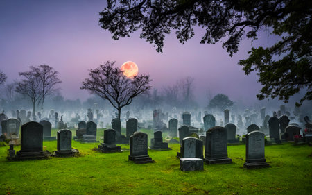 Haunted Cemetery Create a spooky graveyard with tombstones, mist, ghost specter and lurking spirits, Harvest full blood moon night sky back treeの素材