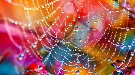 Close-up of a dewdrop-covered spiderweb with vibrant, colorful background represented in vivid detail and artistic beauty.の素材