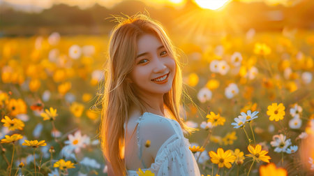 A young woman smiling in a vibrant flower field at sunset, radiating joy and tranquility amidst nature's beauty.の素材