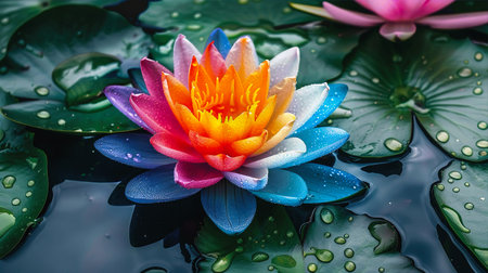 A vibrant multicolored lotus flower in full bloom on a lily pad with water droplets, showcasing nature's beauty and diversity.の素材