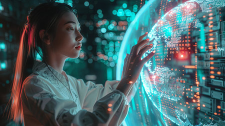 A woman interacts with a digital holographic interface, symbolizing future technology and data analysis in a modern digital environment.の素材