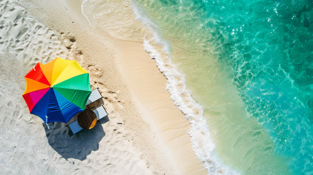 Aerial view of a colorful beach umbrella and lounge chairs on a sandy shore beside turquoise waves. Ideal summer vacation scene.の素材