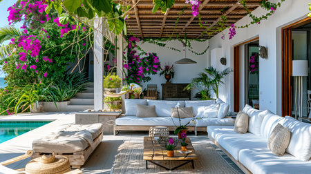 A serene outdoor living space with elegant seating, vibrant flowers, and a refreshing pool, perfect for relaxation and enjoyment.の素材