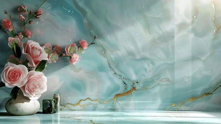 A stunning floral arrangement featuring pink roses in a vase against a soft blue marble background, illuminated by natural light, creating a serene and elegant atmosphere.の素材