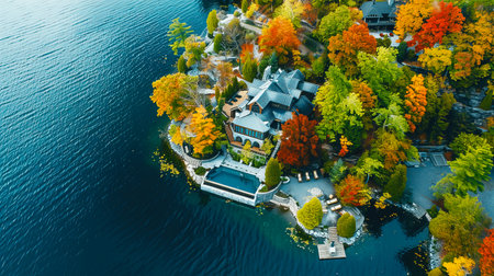 Aerial view of a lakeside mansion surrounded by vibrant autumn foliage reflecting in the calm waters.の素材