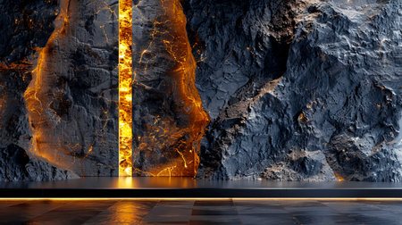 A striking rock wall featuring a glowing lava effect, creating a captivating and dramatic atmosphere. Perfect for modern interior design and artistic backgrounds.の素材