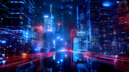 Futuristic cityscape illuminated with bright neon lights, showcasing modern architecture and digital innovation. A tech-inspired urban night scene.の素材