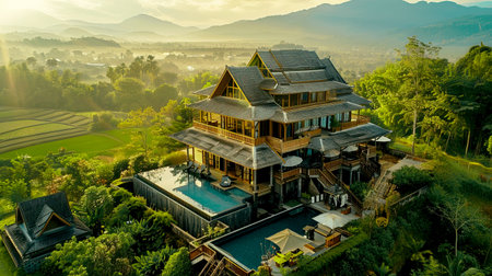 Stunning villa with pool and scenic mountain views, surrounded by lush greenery and peaceful landscapes at sunrise.の素材