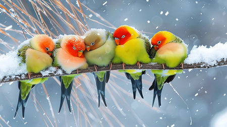 Five colorful birds cuddle together on a snow-covered branch while snowflakes fall softly around them, creating a tranquil and serene winter scene.の素材