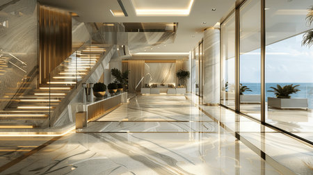 Luxurious modern interior with marble floors, glass walls, and ocean view. Stunning staircase and elegant decor create a serene ambiance.の素材