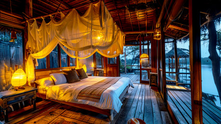 Experience a cozy eco-friendly bedroom with serene nature views, showcasing warm lighting and wooden decor, perfect for relaxation and retreat at dusk.の素材