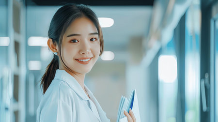 A cheerful female doctor stands in a contemporary medical setting, holding files and exuding professionalism, ready to assist and care for patients.の素材