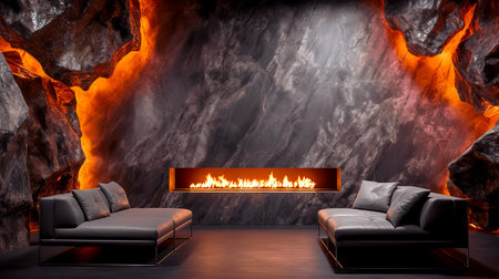 A modern lounge featuring sleek sofas and a stunning fireplace set against a glowing rock wall, creating a warm and inviting atmosphere for relaxation.の素材
