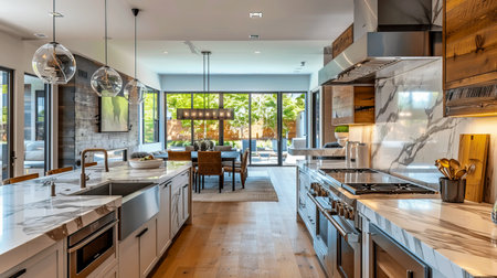 Modern kitchen showcasing an open layout with ample natural light, elegant decor, and luxury appliances, ideal for family gatherings and cooking.の素材