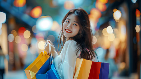 A cheerful young woman enjoys a shopping day with colorful bags in hand, surrounded by a lively urban atmosphere filled with bright lights.の素材