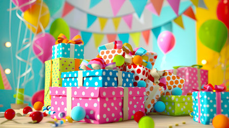 Festive scene featuring vibrant gift boxes decorated with polka dots, surrounded by colorful balloons and cheerful decorations, perfect for birthday celebrations.の素材